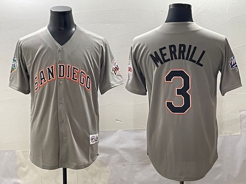 Men 2025 San Diego Padres #3 Merrill Grey Throwback Game Nike MLB Jersey style 1